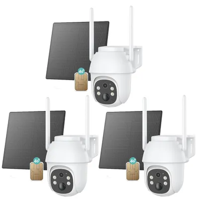 Obrázek produktu pro 3 ks 4G LTE dohledová kamera Venkovní solární se SIM kartou 2K 3MP PTZ bezdrátová kamera bez WLAN Venkovní baterie 355°/90° otočná Barevné/IR noční vidění