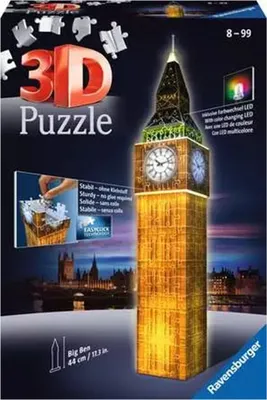 A 3D puzzle of Big Ben at night, with a dark sky and city lights in the background.