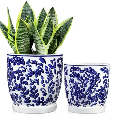 Immagine prodotto di Set di 2 vasi in Vetroceramica, blu e bianco, con sottovasi e fori di drenaggio