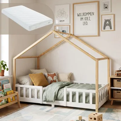 Obrázok produktu pre Detská postieľka "Treviolo" s matracom a bočným zábranom, 90x200 cm, biela / prírodná