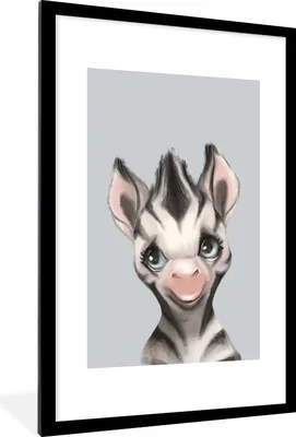 Produktbild von MuchoWow® Gerahmtes Poster Zebra - Kind - Grau 60x90 cm - Poster mit Schwarzem Bilderrahmen Wandposter Rahmen Foto Bilder - Dekoration - Wandposter Wohnzimmer - Hochwertig