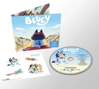 A Bluey The Album CD set with stickers and booklet, displayed on a light gray background.