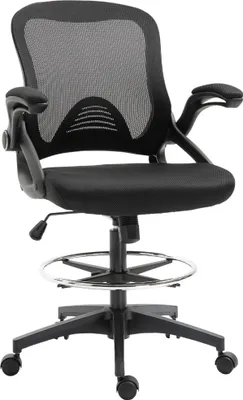 A black mesh drafting chair with a footrest is shown against a white background.