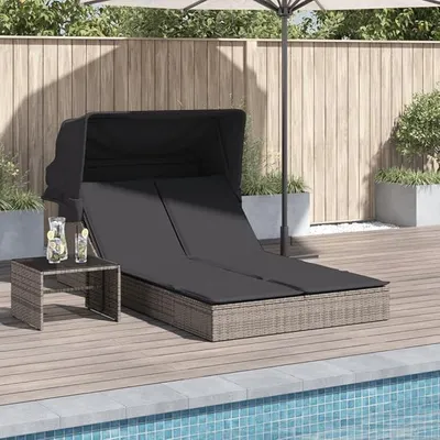 Produktbild von Doppel-Sonnenliege aus Poly Rattan grau mit Dach und Auflagen, Gartenliege für Terrasse Balkon Pool Outdoor Camping, wetterfest ergonomisch 2 Sitze 200 cm Liegefläche