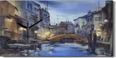 Produktbild von Wanduhr Bürouhr Leinwand Bild 60x30 Gemälde Brücke Boote Fluss Stadt Kunst - schwarze Hände