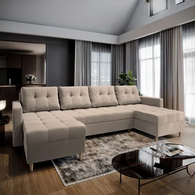 Produktbild von Masseno Ecksofa MILO U mit Schlaffunktion U-Form, Sofa mit Bettkasten, Wohnzimmersofa, Couch, Soffa, Bettsofa, Couchgarnitur- Beige, PAROS 02