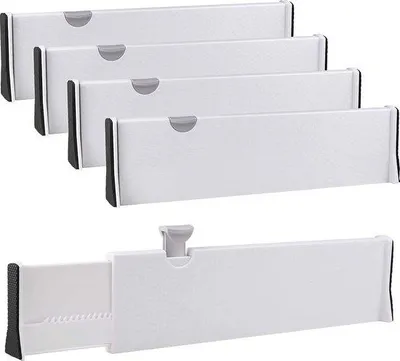 Produktbild von Famanu Schubladenteiler Set 4 Stück, Verstellbar, 37,8-54 cm, Kunststoff, Hoch - 10 cm, Organizer für Küche, Schublade, Bad, Schlafzimmer (Weiß)