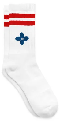 Produktbild von Spreadshirt Blaue Blume Bestickt | Frühlingsblühte Gestreifte Tennissocken, 37-41, Weiß/Rot
