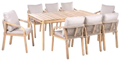 Produktbild von BELIANI Gartenmöbel Set Hellbraun Akazienholz u. Flechtseil Rustikaler Stil Rechteckiger Gartentisch mit 8 Stühlen Outdoor Terrasse Garten Holzmöbel