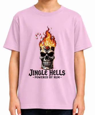 Produktbild von Jingle Hells Powered by Rum Totenkopf Flammen Weihnachten Skull Kinder T-Shirt, Pink, 128