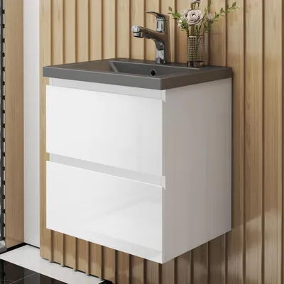 Produktbild von Badmöbel Set HUTI-Serie 50cm Dunkelgrau Waschbecken mit Unterschrank Badezimmermöbel mit 2 Schubladen Hochglanz Weiß Hängeschrank