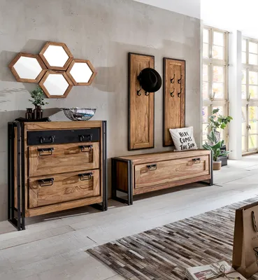 Produktbild von SIT Möbel Dielen-Set 5-tlg. | 2 Schuhschränke, 2 Garderobenpaneele, 4 Spiegel | Akazie + Altmetall | natur mit antikschwarz | B 80 x T 40 x H 96 cm | 18000-40 | Serie PANAMA