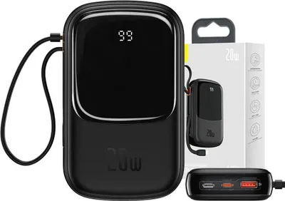 Produktbild von Baseus Qpow Digital Display Powerbank mit Schnellladung 20000mAh 20W QC/PD/SCP/FCP mit integriertem Lightning Kabel schwarz