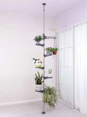 Zdjęcie produktu dla Regał na rośliny z regulowaną wysokością, metalowy, do salonu, sypialni lub na balkon, z 6 półkami i 1 wieszakiem, kolor szary, wysokość 230–290 cm