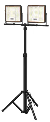 Produktbild von UISEBRT LED Akku Baustrahler 2x100W mit Schwarz Stativ, IP66, Dimmbar, USB-C Ladung, Fernbedienung für Baustelle, Werkstatt und Garten