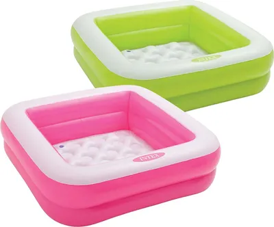 Two inflatable pools, one green and one pink, are shown against a white background.