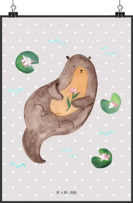 Produktbild von Mr. & Mrs. Panda Bild Otter Seerose DIN A0 - Grau Pastell - Geschenk, Fluss, Wandbild, Posterdruck, Seeotter, Wasser, wanddeko, drucke, glücklich, Kunstdruck