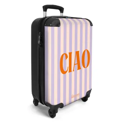 A suitcase with a striped pattern and the word "ciao" printed on it.
