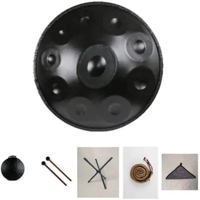 Produktbild von Schwarze Handpan-Trommel mit 10 Tönen aus Stahl und Zubehör als Meditationsinstrument