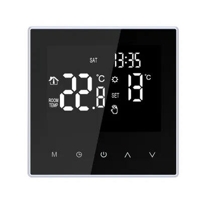 A digital thermostat display with various icons and temperature readings.