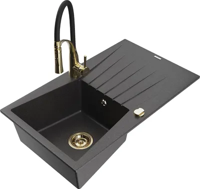 Produktbild von Mexen Cesar 1 Becken-Granitspüle mit Abtropffläche und Mischbatterie Aster, Schwarz gesprenkelt - 6514-76-73450-57-G