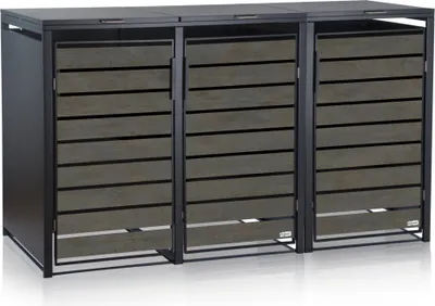 A set of three outdoor trash can enclosures with slatted doors.