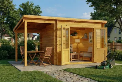 Produktbild von Alpholz Pultdach Gartenhaus Maria mit Schleppdach Gartenhaus aus Holz in Imprägnierung Pinie, Holzhaus mit 34 mm Wandstärke inklusive Schleppdach, Blockbohlenhaus mit Montagematerial
