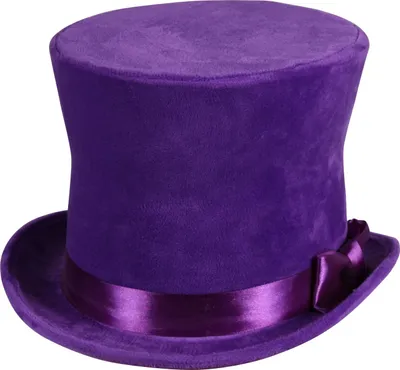 A purple top hat with a satin ribbon and bow.