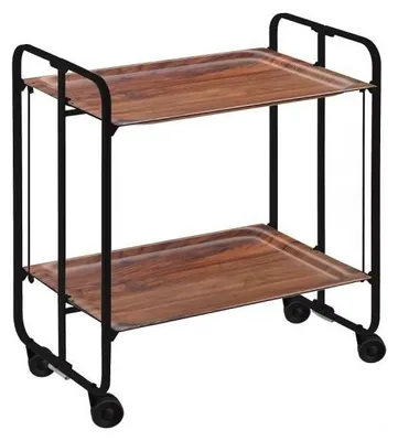 A two-tiered serving cart with wooden trays and a black metal frame, shown against a white background.