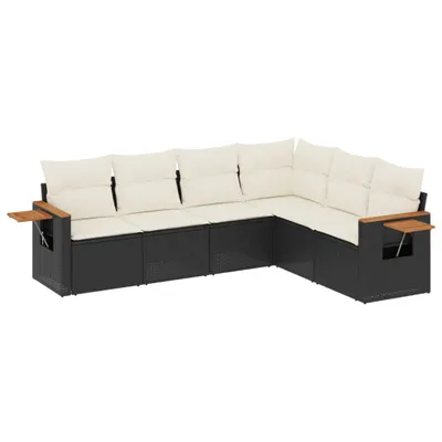 Produktbild von Modulares Garten-Sofaset, 6-teilig, mit klappbaren Ablagen, Poly Rattan Schwarz, UV-beständig, Cremeweiße Kissen, abnehmbare Bezüge