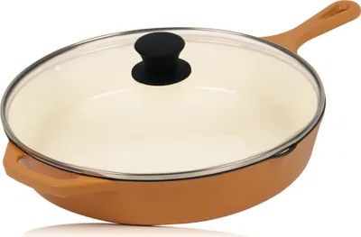 Obrázek produktu pro Litinová pánev Mahlzeit se smaltovanou poklicí | Ø 29,5 cm | Sunny Orange | Se dvěma výlevkami