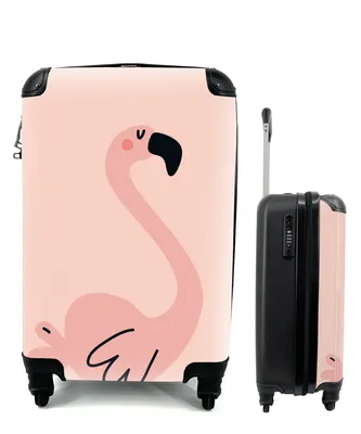 Produktbild von MuchoWow® Koffer Handgepäck Trolley Rollkoffer Kleine Reisekoffer mit 4 Rollen - Illustration eines rosa Flamingos auf einem rosa Hintergrund - Cabin Size < 55x40x23 cm & 55x40x20 cm - Fotokoffer - Kabinenkoffer - Boardgepäck - Reise-Box - Reisekoffer - Reisegepäck - Koffer mit Bild - Trolley für Kinder