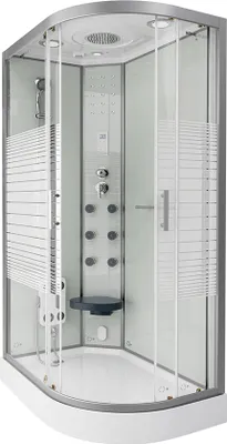 A modern shower cabin with multiple shower heads and a built-in seat.