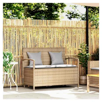 Produktbild von Gartenbank mit Stauraum und Kissen aus Poly Rattan in Beige