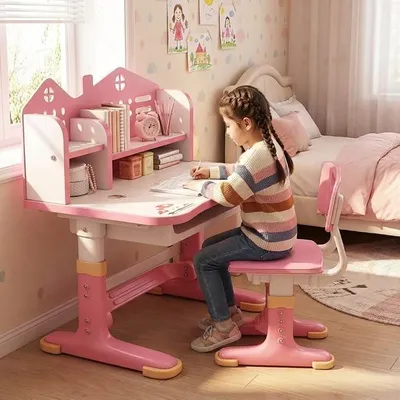 Produktbild von Ergonomisches Schreibtisch- und Stuhl-Set für Kinder, höhenverstellbarer Schultisch mit Bücherregal, Schublade und Rückenlehne, Kinderschreibtisch und Stuhl für Schlafzimmer und Arbeitszimmer