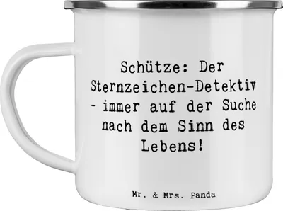 Produktbild von Mr. & Mrs. Panda Emaille Becher Spruch Schützenblick - Weiß - Geschenk, Tierkreiszeichen, Freiheitsliebe, Tasse, emaillebecher, Geschenke Sternzeichen, Feuerzeichen, Pott