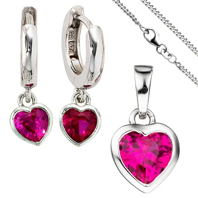 Produktbild von JOBO Kinder Mädchen Schmuck-Set Herz pink rosa 925 Silber Zirkonia mit Kette 38 cm