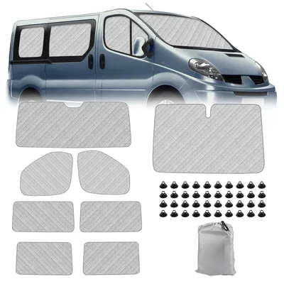 Obrázek produktu pro 8-dílné termoizolační podlahové rohože pro vozidla Renault Trafic s prodlouženým rozvorem (LWB) modely 2001-2014, Opel Vivaro s prodlouženým rozvorem (LWB) modely 2001-2014, sluneční clona na přední sklo