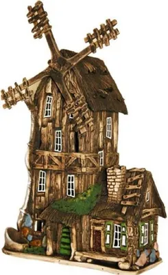 Eine idyllische, ländliche große Windmühle mit einem angrenzenden kleinen Haus. Sehr detailliert.