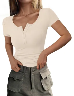 Productafbeelding van Dames T-shirt - Henley Kraag - Regular Fit - Beige