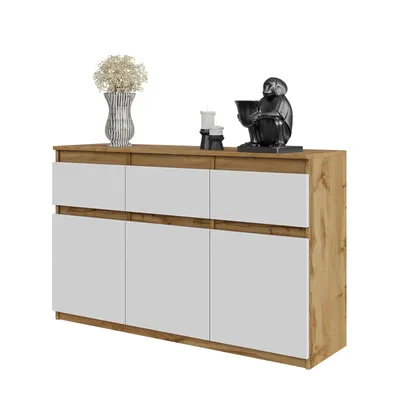 Produktbild von Kommode 120 cm Eiche Wotan / Weiß matt, 3 Schubladen, 3 Türen, 3 Einlegeböden, Wohnzimmer