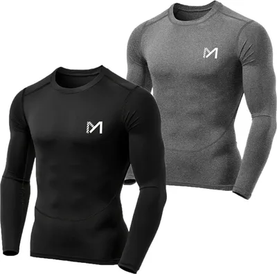 Produktbild von Herren 2er-Pack Funktionsshirt Kompressionsshirt Langarmshirt Sport Laufshirt Tights Tops schnelltrocknend & atmungsaktiv, Muskelhemd Schwarz+Grau S