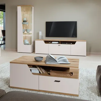 Produktbild von Wohnzimmer-Set in Beige & Eiche mit Couchtisch, Vitrine & Lowboard, 3-teilig - CARMONA-129