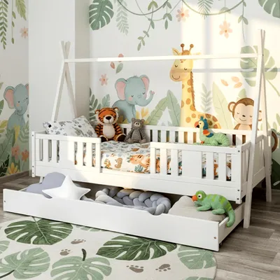 Produktbild von MEBLE WRÓBEL Kinderbett Tipi 90x190 cm – Hausbett aus Kiefer mit Schublade - Bett mit Rausfallschutz & Lattenrost - für Jungen und Mädchen - Weiß Spielbett für Kinder