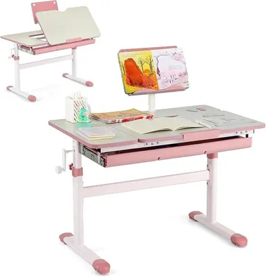 Imagen del producto de Escritorio infantil con altura ajustable, escritorio para estudiantes con inclinación ajustable, escritorio para niños con estantería y cajón, escritorio juvenil, escritorio para estudiantes (rosa)