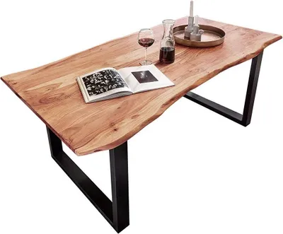 Produktbild von Esszimmertisch 160x85 cm Quinn, echte Baumkante, naturfarben, massiver Esstisch aus Akazienholz, Metallbeine Schwarz, Baumkantentisch