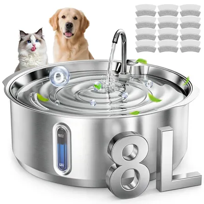 Image de Fontaine à eau sans fil pour chats et chiens, marque Zimilo, en acier inoxydable, capacité de 8 litres, avec batterie, détecteur de niveau d'eau, 12 filtres, indicateur LED et pompe automatique