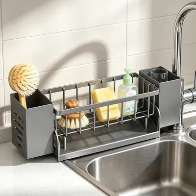 Produktbild von Spülbeckenorganizer multifunktional, mit Schwammhalter, Lappenhalter und Aufbewahrungsbox, grau
