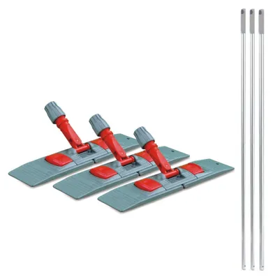 Three mop heads with red and gray handles are arranged diagonally on a white background, with three silver poles standing vertically to the right.