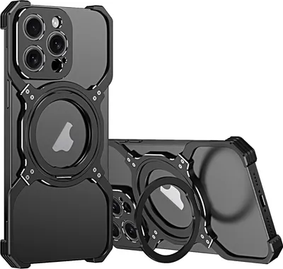 Two black phone cases are displayed against a white background. One case is upright, showing the back with a camera module and a circular magnetic attachment. The other case is lying on its side, revealing the side profile and the magnetic attachment ring.